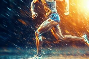 corredor atleta corrida às cheio Rapidez em uma colorida fundo com luzes. ai generativo foto