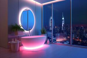 3d Renderização do moderno banheiro interior com banheira e espelho com néon luzes ai gerado foto