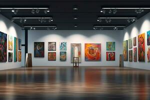 3d render do moderno arte galeria interior com quadros em a parede ai gerado foto