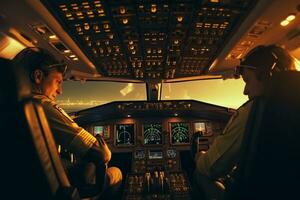 cockpit do uma avião com uma Visão do a estrada e a cidade ai gerado foto