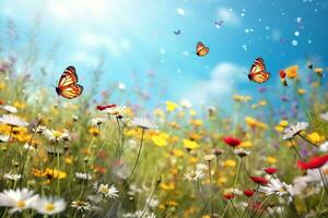 lindo verão Prado com camomila flores e borboleta ai gerado foto