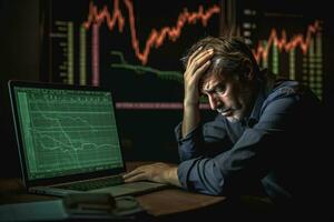 estressado homem de negocios sentado dentro frente do computador monitor com estoque mercado gráfico generativo ai foto