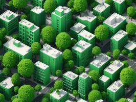 a aéreo Visão do uma cidade com grande quantidade do verde edifícios. ai gerado foto