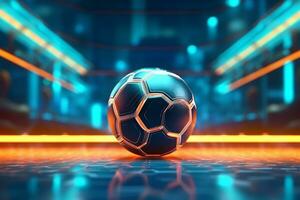 futebol bola em a fundo do néon luzes. 3d ilustração ai generativo foto