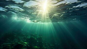 generativo ai, Sombrio azul oceano superfície visto a partir de embaixo da agua com Sol luz foto