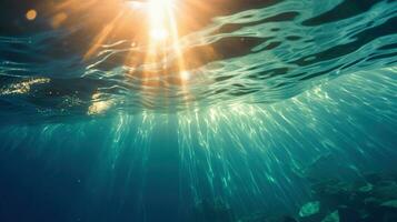 generativo ai, Sombrio azul oceano superfície visto a partir de embaixo da agua com Sol luz foto