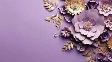 generativo ai, papel cortar construir flores e dourado folhas, luz roxo, digital lavanda cor, floral origami texturizado fundo, Primavera humor. foto