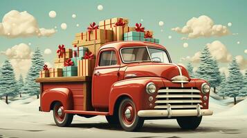 generativo ai, vintage Natal carro com muitos presentes, azul e vermelho cores. cumprimento natal cartão, inverno feriados foto