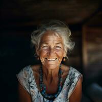 generativo ai, fechar-se do idosos sorridente mulher, felicidade Veja foto