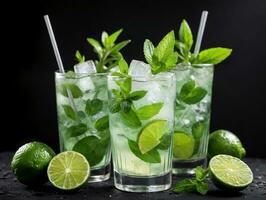 três óculos do Mojito com limas e hortelã. ai gerado foto