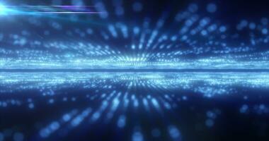 abstrato azul energia oi-tech linhas e digital partículas mosca dentro uma túnel com bokeh efeito brilhando fundo foto