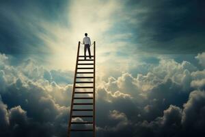 homem de negocios em pé em escada e olhando às céu. sucesso e desafio conceito, escolher certo escada para alcance a meta, ai gerado foto
