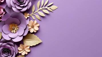 generativo ai, papel cortar construir flores e dourado folhas, luz roxo, digital lavanda cor, floral origami texturizado fundo, Primavera humor. foto