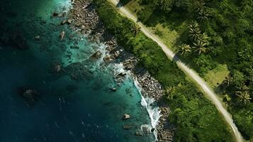 generativo ai, aéreo Visão do curvado asfalto estrada perto a oceano ou mar, litoral foto