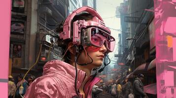 generativo ai, pessoa dentro copos, cyberpunk animê estilo. luz amarelo e Rosa cores, virtual realidade conceito foto