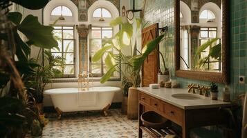 generativo ai, retro boho hotel banheiro, porto rico estilo. brilhante cores e plantas foto