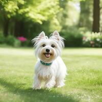 lindo yorkshire terrier cachorro deitado em a verde grama.ai gerar foto