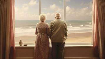 generativo ai, uma Senior casal olhando para a oceano ou mar, tendo Diversão às a de praia foto