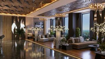 luxuoso hotel lobby ou recepção Projeto Ideias para elevar seu casa arquitetura na moda e à moda 3d Renderização foto