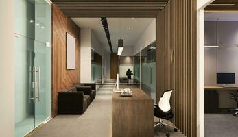 recepção concepção seu corporativo escritório espaço e chão para interior Projeto conceito 3d Renderização foto