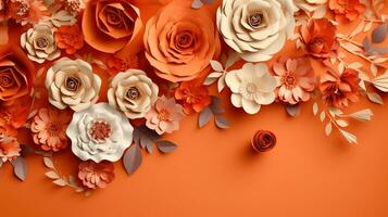 generativo ai, papel cortar construir flores e folhas, Damasco A paixão súbita laranja cor, origami texturizado fundo, Primavera humor. floral quadro, Armação layout. foto