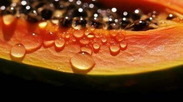 generativo ai, macro fresco metade do mamão fruta fundo. tropical exótico fechar-se foto com gotas