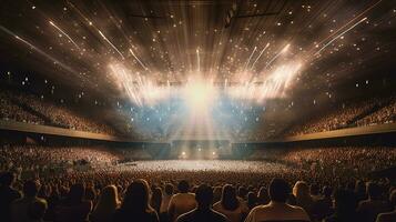 generativo ai, pessoas multidão em música Rocha festival show dentro estádio, grande etapa aceso de holofotes. foto