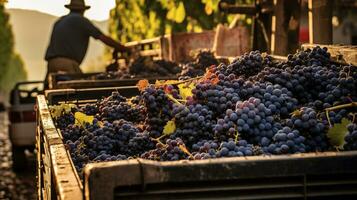 generativo ai, fresco uvas dentro uma caminhão, uva colheita às uma Vinhedo foto