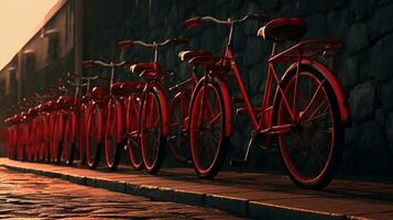 generativo ai, bicicleta partilha sistema, muitos vermelho cidade bicicletas estacionado. saudável ecologia urbano transporte. foto