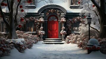 generativo ai, frente porta com Natal decoração, guirlanda e festão. vermelho e cinzento cores foto