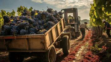 generativo ai, fresco uvas dentro uma caminhão, uva colheita às uma Vinhedo foto