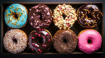 generativo ai, sortido colorida envidraçado rosquinhas com granulados, doce cozido sobremesa foto