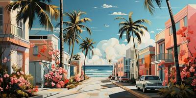 generativo ai, miami verão vibrações retro plano Matisse ilustração. vintage Rosa e azul cores, edifícios, Califórnia Palmeiras, anos 80 estilo foto