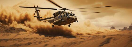 generativo ai, militares helicóptero leva fora dentro Grosso poeira nuvens. foto