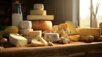generativo ai, diferente tipos do queijo em a mesa foto