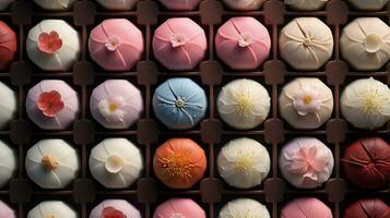 generativo ai, japonês tradicional confeitaria bolo wagashi, vários tipos do doces foto