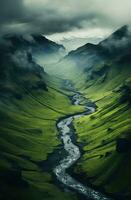 generativo ai, cênico verde colinas dentro a nuvens, lindo natureza panorama aéreo panorama, montanhas, aéreo fotografia foto