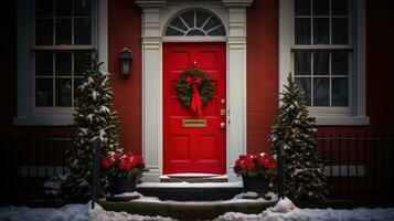 generativo ai, frente porta com Natal decoração, guirlanda e festão. vermelho e cinzento cores foto