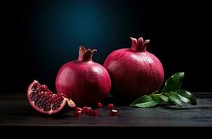 generativo ai, fresco suculento todo ou metade do romã fruta com água gotas, ainda vida em Sombrio fundo. fechar-se foto