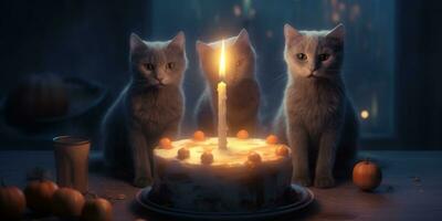 generativo ai, gato aniversário festa, bolo com uma velas foto