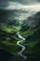 generativo ai, cênico verde colinas dentro a nuvens, lindo natureza panorama aéreo panorama, montanhas, aéreo fotografia foto