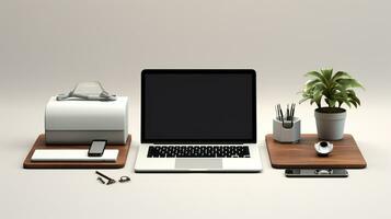 uma computador portátil, telefone, e de outros escritório suprimentos em uma mesa ai generativo foto