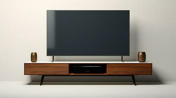 uma moderno televisão ficar de pé com caixas de som e uma ampla tela ai generativo foto