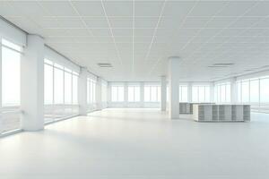 esvaziar branco escritório com ampla janelas e branco pavimentos ai generativo foto