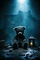 Sombrio sombras envelopando uma solitário Urso de pelúcia Urso implicando infância pesadelos foto