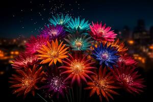 vibrante fogo de artifício exibição iluminação acima a diwali noite dentro uma caleidoscópio do cores foto