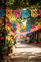 colorida papel picado faixas tremulando dentro dia do a morto festividades foto