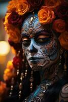 mulher adornado com vívido açúcar crânio Maquiagem durante dia do a morto festividade foto