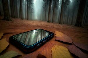 uma célula telefone deitado em topo do uma folha coberto chão. ai gerado foto
