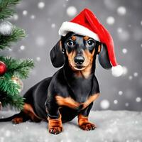 fofa dachshund dentro uma Natal chapéu Próximo para a Natal árvore foto